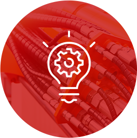 Lightbulb icon on an image of hydaulic hoses being plugged in with a red background